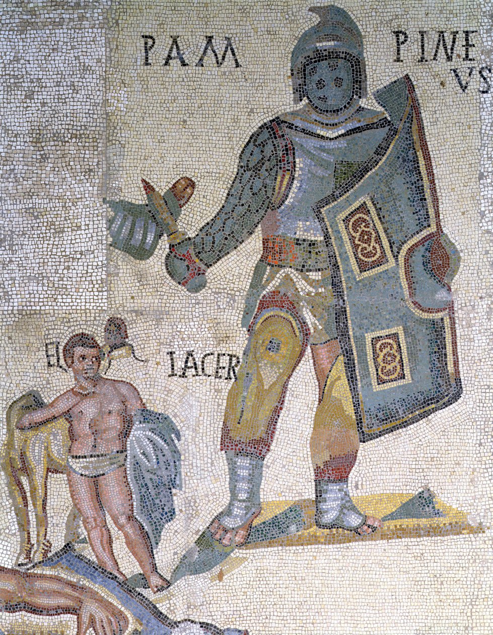 Bitva mezi gladiátory, detail gladiátora vyzbrojeného dýkou a štítem, 320 n. l. (mozaika) od Roman