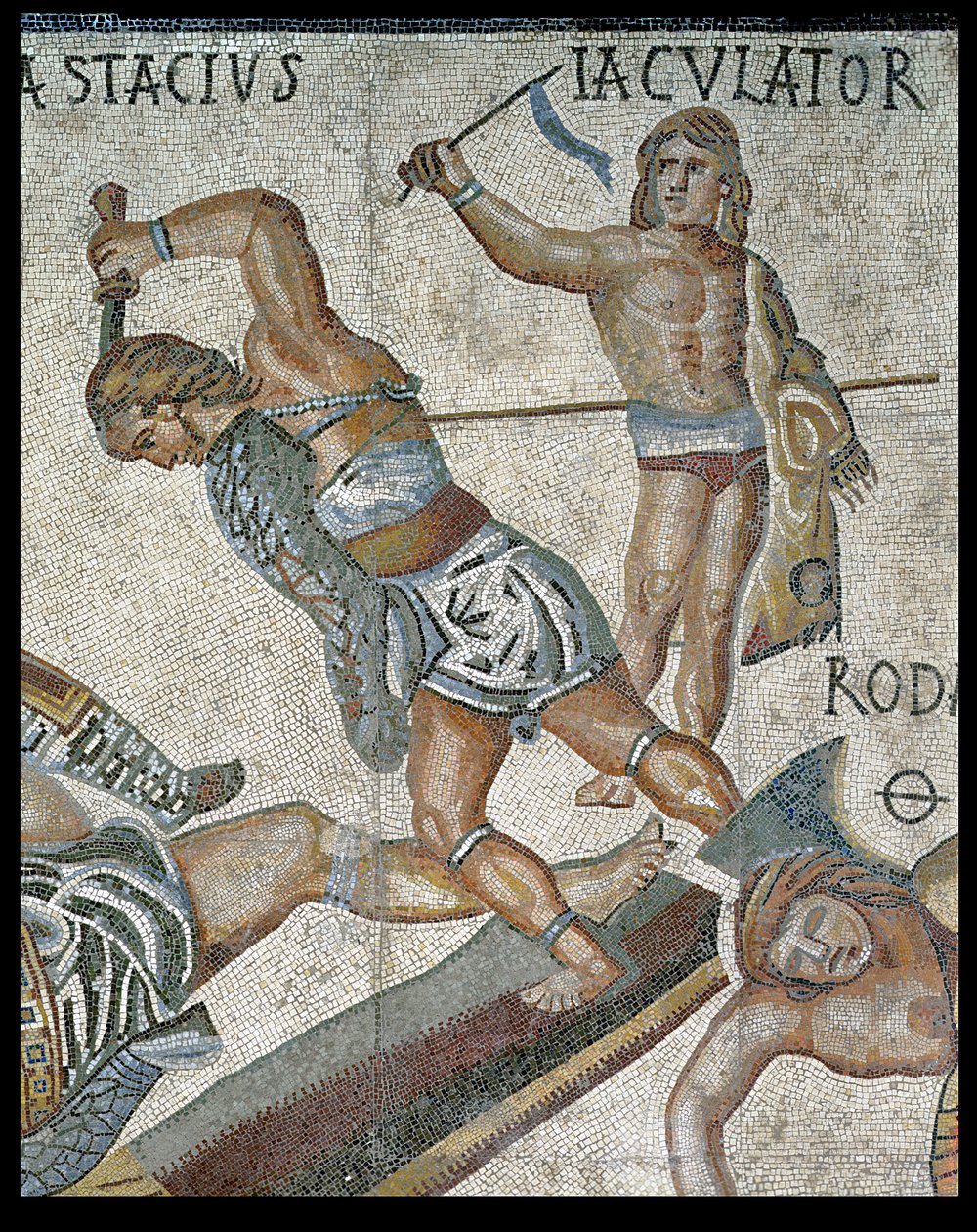 Bitva mezi gladiátory, detail boje gladiátora a vítězného gladiátora, 320 n. l. (mozaika) od Roman