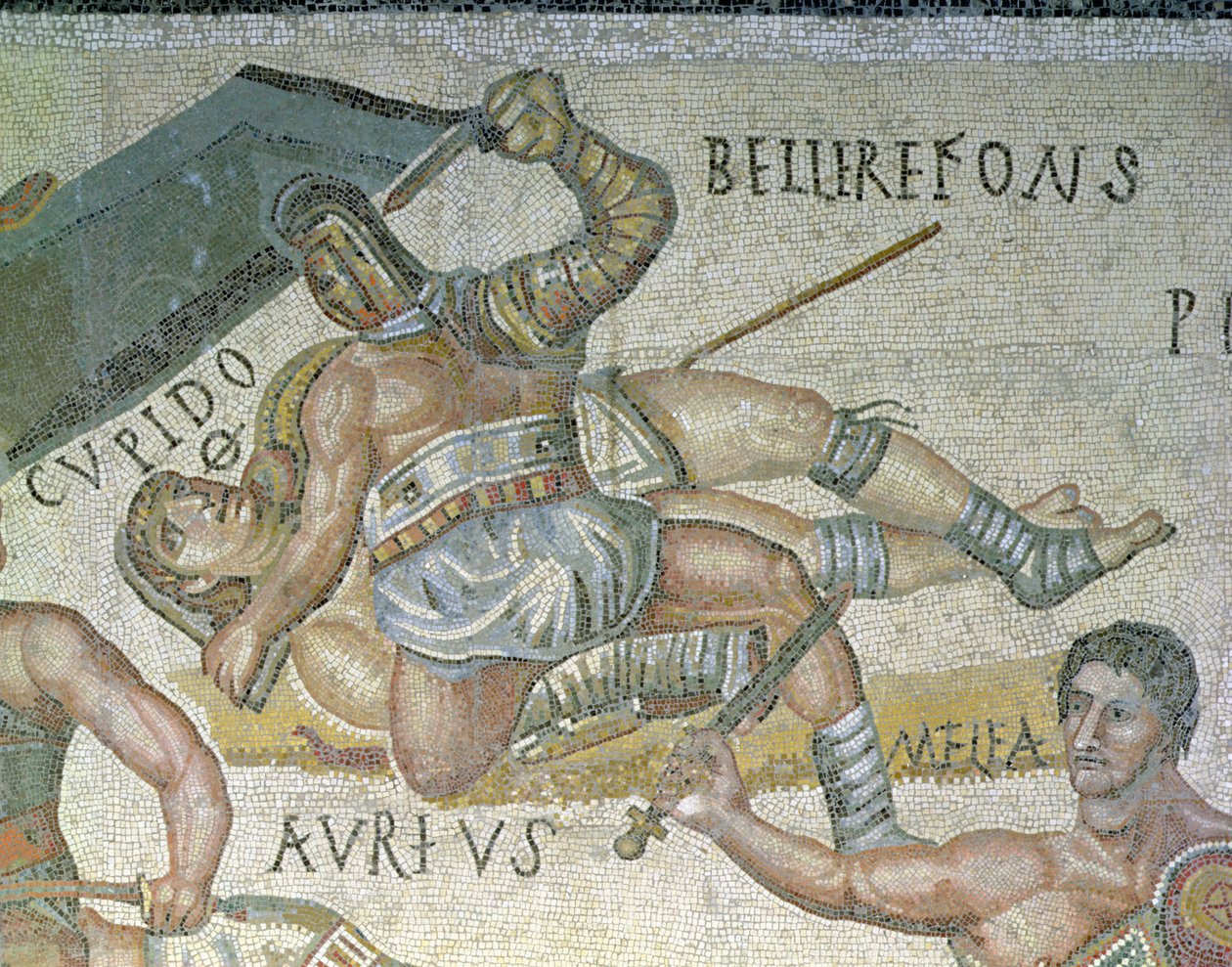 Bitva mezi gladiátory, detail gladiátora přišpendlujícího druhého k zemi, 320 n. l. (mozaika) od Roman