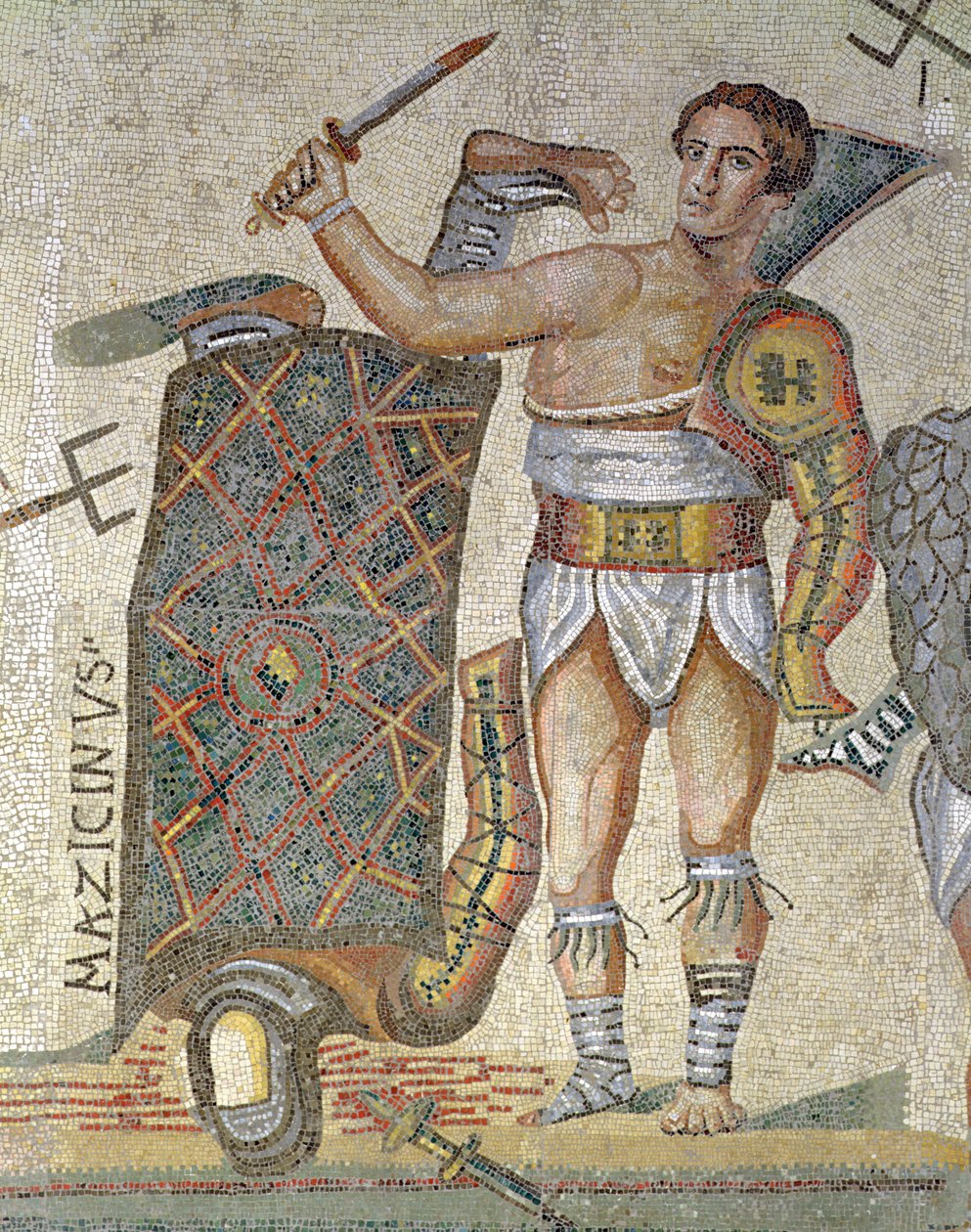 Bitva mezi gladiátory, detail vítězného gladiátora, 320 n. l. (mozaika) od Roman