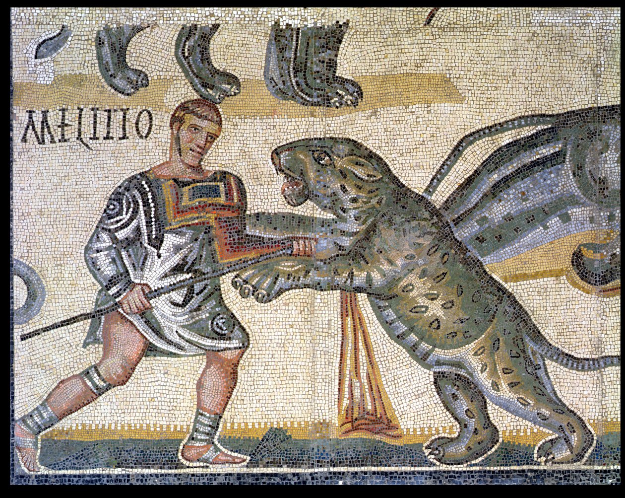 Bitva gladiátorů proti divokým kočkám, detail zobrazující gladiátora běžícího divokou kočkou, 320 n. l. (mozaika) od Roman