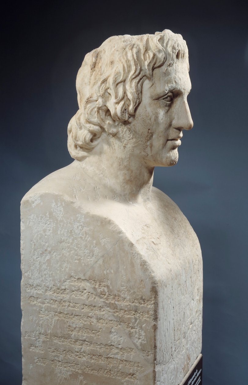 Busta Alexandra Velikého, známá jako „Hermes Azara“, římské dílo podle bronzové sochy Lysippa. Kolem roku 330 př.n.l. Paříž, muzeum Louvre od Roman