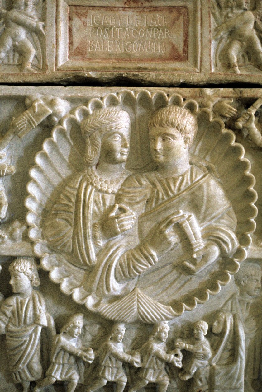Křesťanské umění 313 n. l.: Adelphia a Valerio. Sarkofág z Adelphie uchovaný v Muzeu Syrakus na Sicílii (Itálie). od Roman
