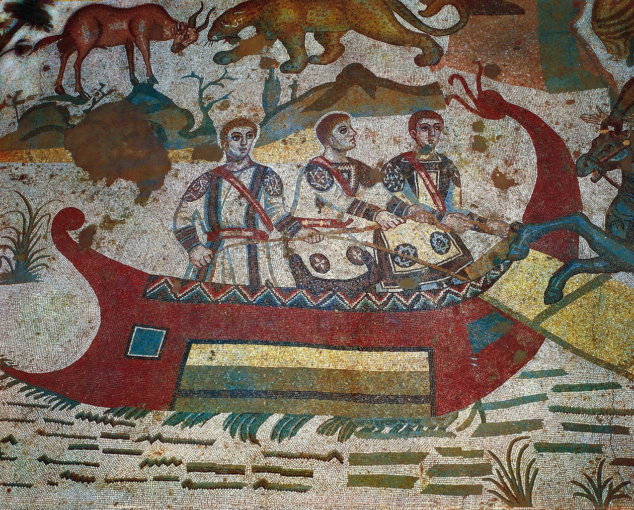 Detail z mozaiky Great Hunt, Villa Romana del Casale, Piazza Armerina, Sicílie, Itálie, 4. století od Roman