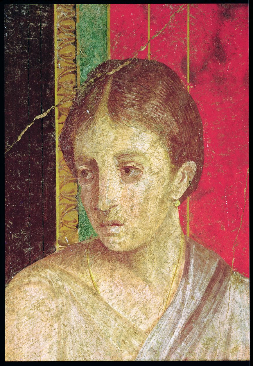 Detail hlavy Sedící matky, z katechistické scény, Severní stěna, Oecus 5, 60-50 př. n. l. freska viz také 20015 od Roman