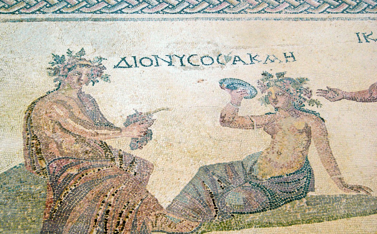 Dionýsos radí nymfě Akme, Dionýsův dům, Paphos, Kypr (mozaika) od Roman