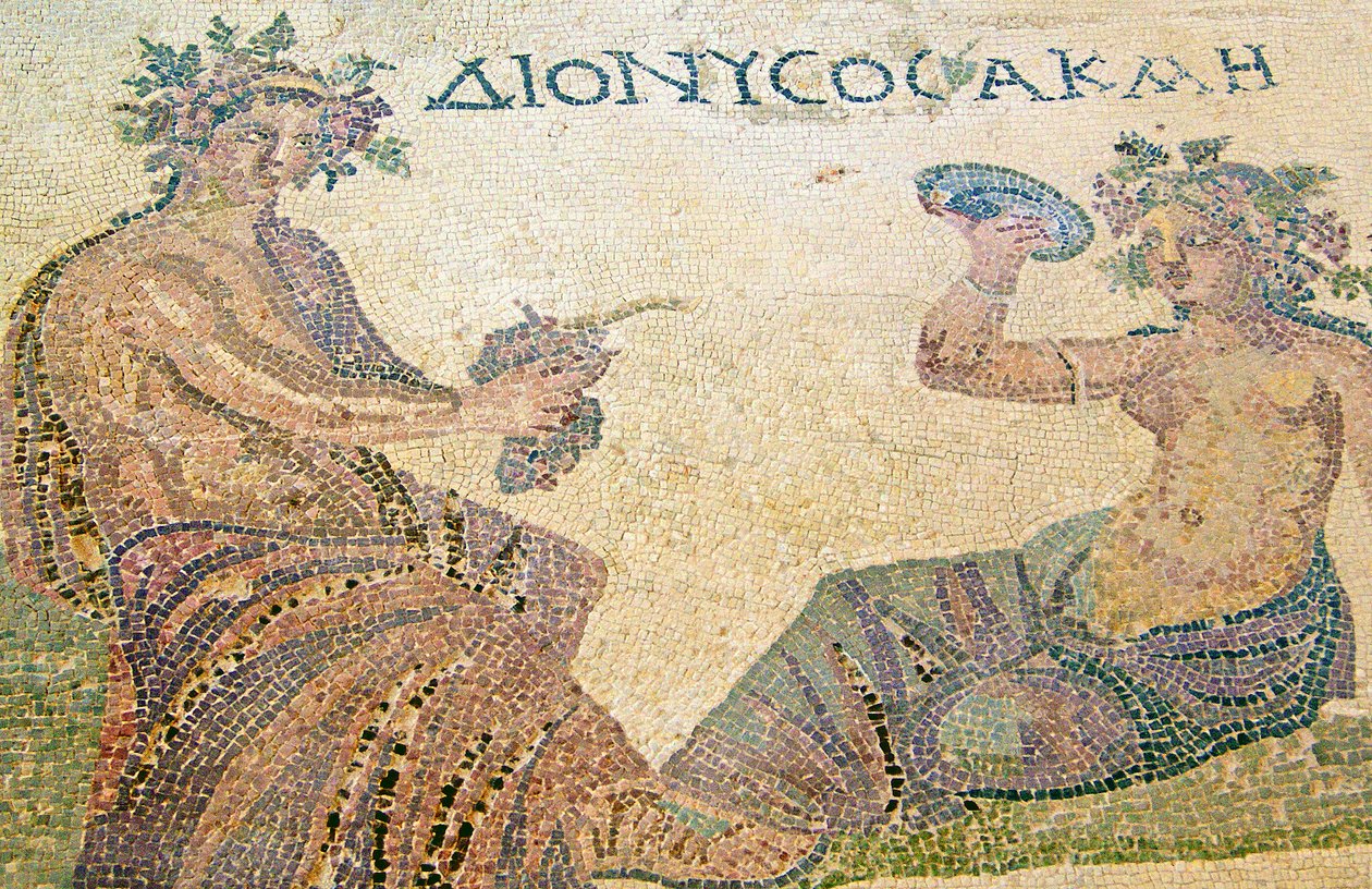 Dionýsos radí nymfě Akme, Dionýsův dům, Paphos, Kypr (mozaika) od Roman