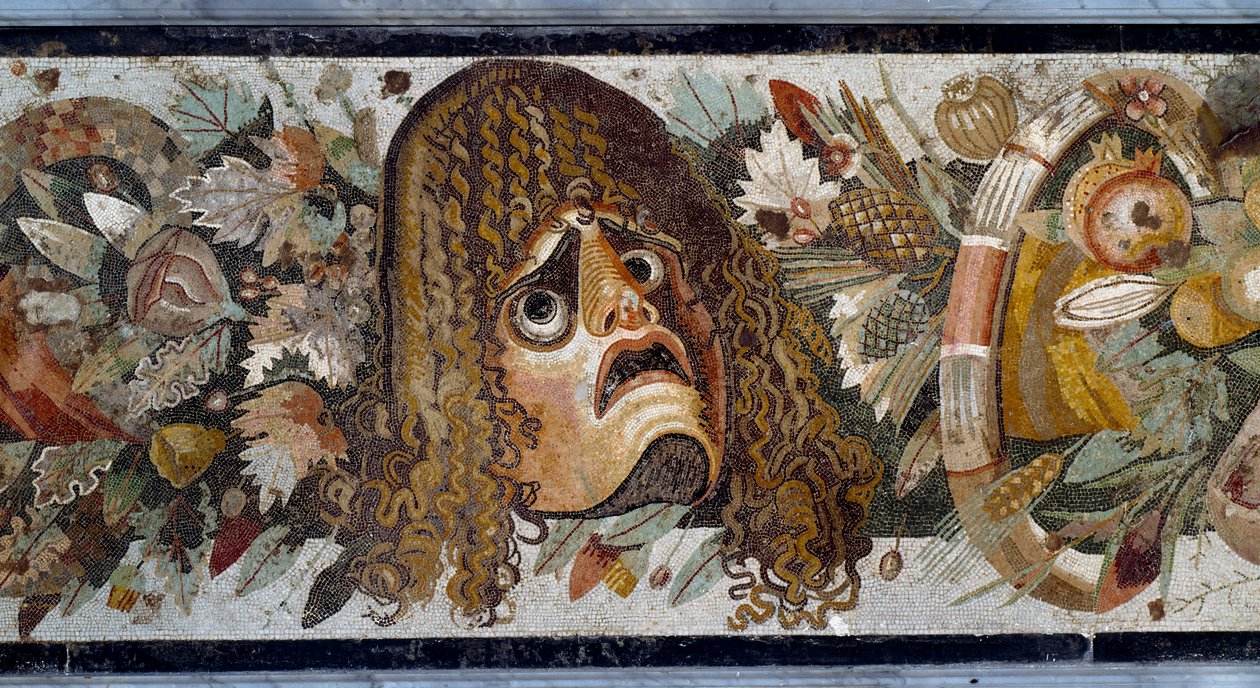 Feston s maskou, listy a ovocem. Detail. Mozaika z Casa del Fauno v Pompejích, 2. století před naším letopočtem. Rozměr: 280 x 49 cm. Museo Nazionale Archeologico, Neapol - římské umění: girlanda s tragickou maskou, listy a plody. Detail. Mozaika z Faunova od Roman