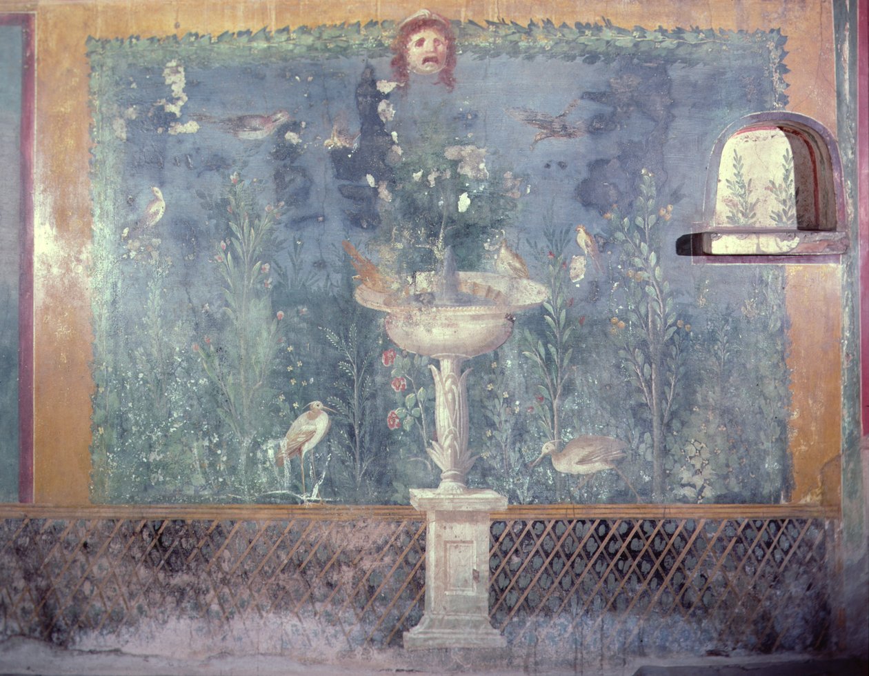 Fontána, maska a ptáci, Dům Venuše ve skořápce, Pompeje, Itálie (freska) od Roman