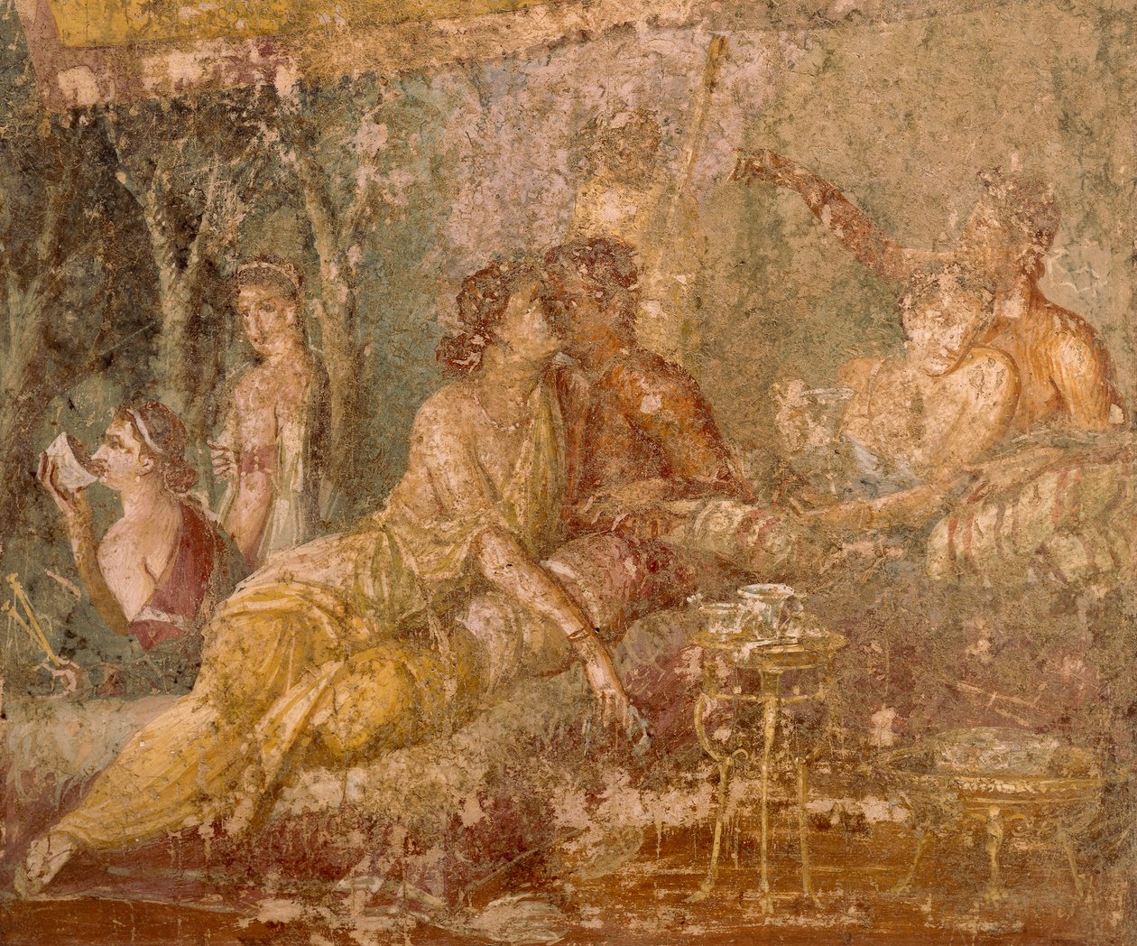 Freska zobrazující trikliniovou scénu z Pompejí v Itálii od Roman