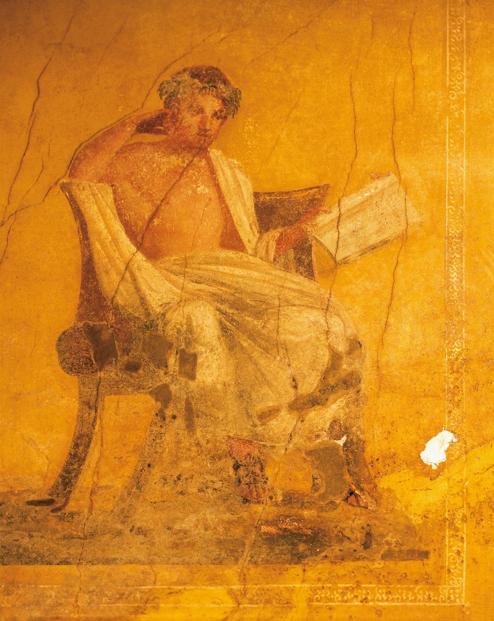 Freska na žlutém pozadí zobrazující řeckého básníka Menandera z rodu Menanderů, Pompeje, Kampánie, římská civilizace od Roman