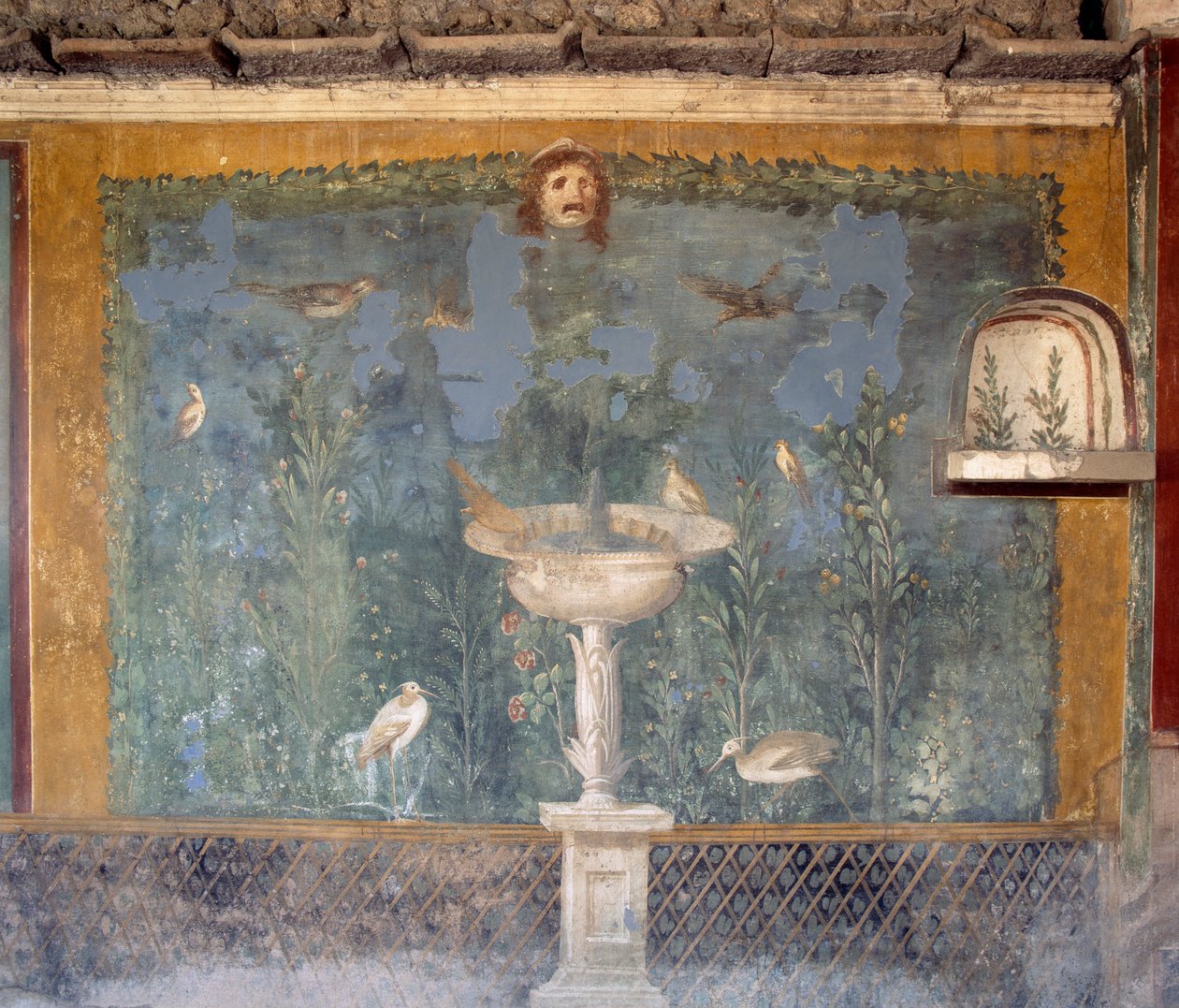 Freska s fontánou, maskou a ptáky, Dům Venuše v Shell, Pompeje (Seznam světového dědictví UNESCO od Roman