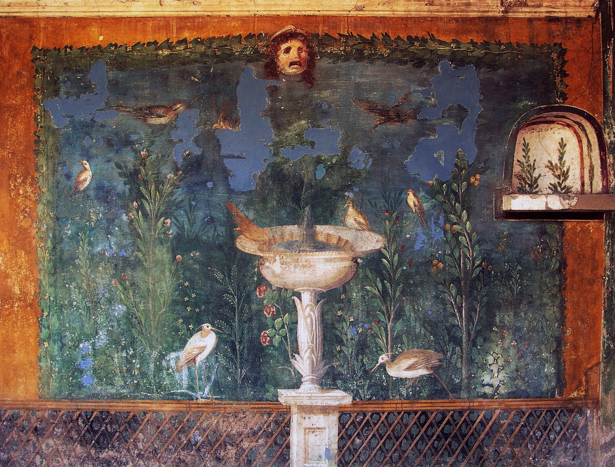Freska s fontánou, maskou a ptáky, Dům Venuše ve skořápce, Pompeje, Kampánie, Itálie, římská civilizace od Roman