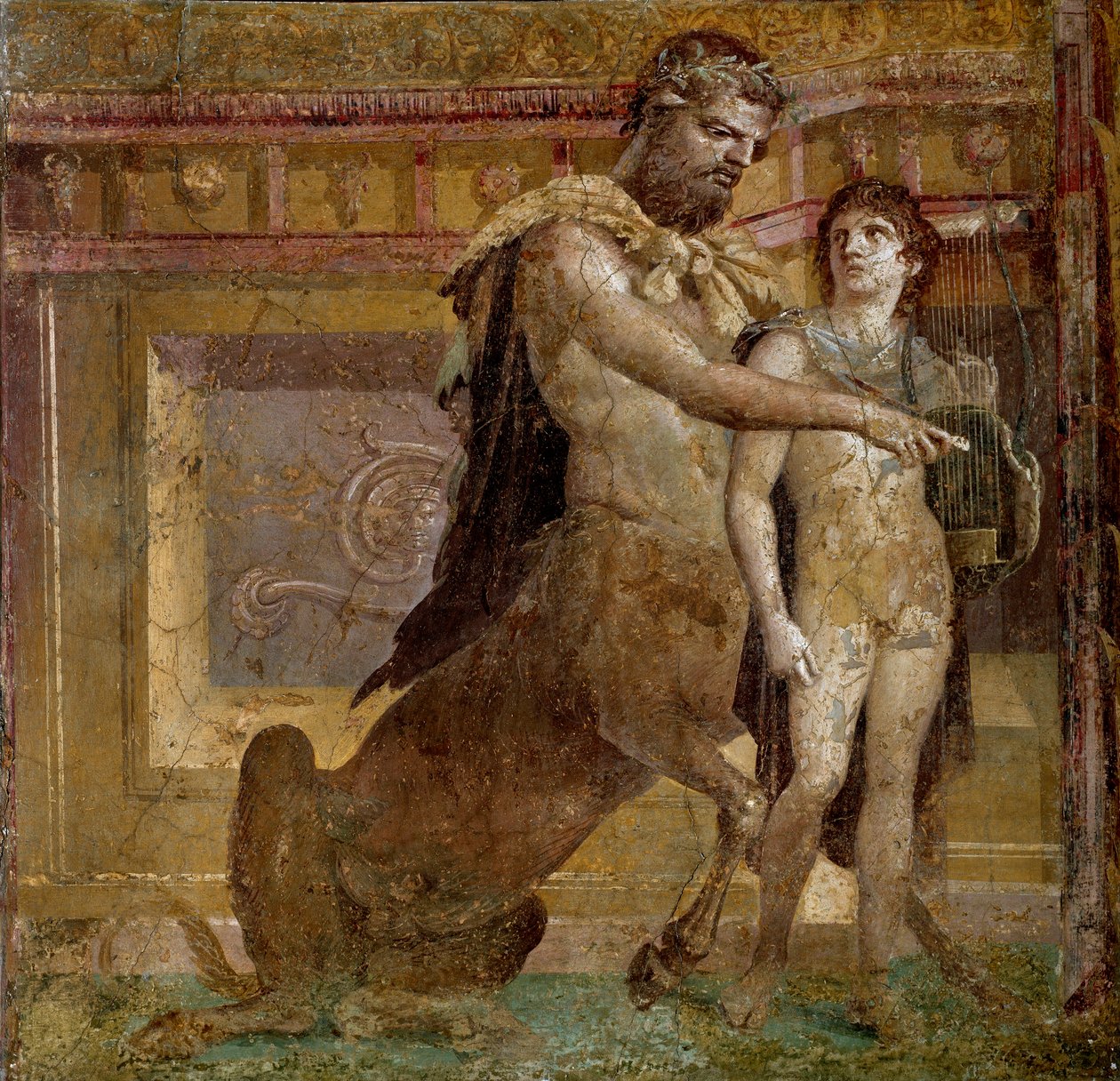 Řecká mytologie: kentaur Chiron a Achilleovo dítě. Freska z baziliky Herkulanum (Basilica di Ercolano). Římské umění Neapol, Museo Archeologico Nazionale - Řecká mytologie: kentaur Chiron a Achilleovo dítě aneb Vzdělávání Achilla C od Roman