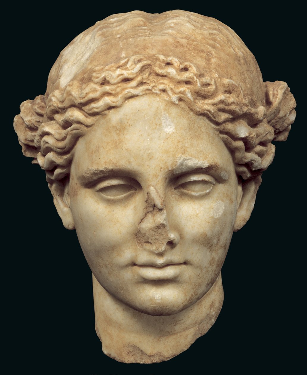 Hlava Apolla Sauroktonose (zabiják ještěrek) kopie řeckého bronzu ze 4. století od Praxiteles, nalezeného v Kifissii (mramor) od Roman