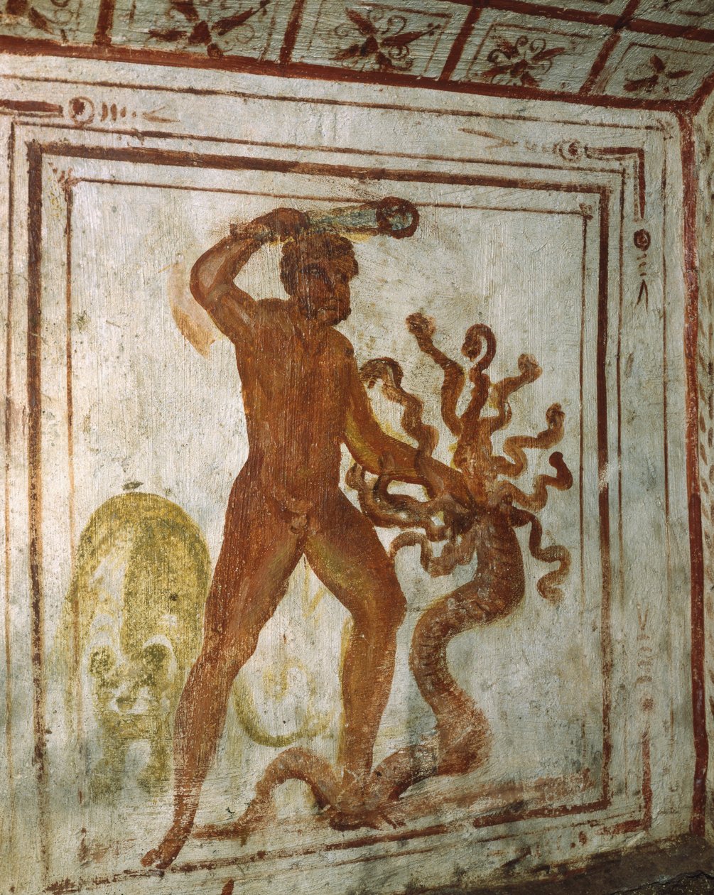 Herkules a Lernaean Hydra, freska, Via Latina Catacomb, Řím, Itálie, 4. století od Roman