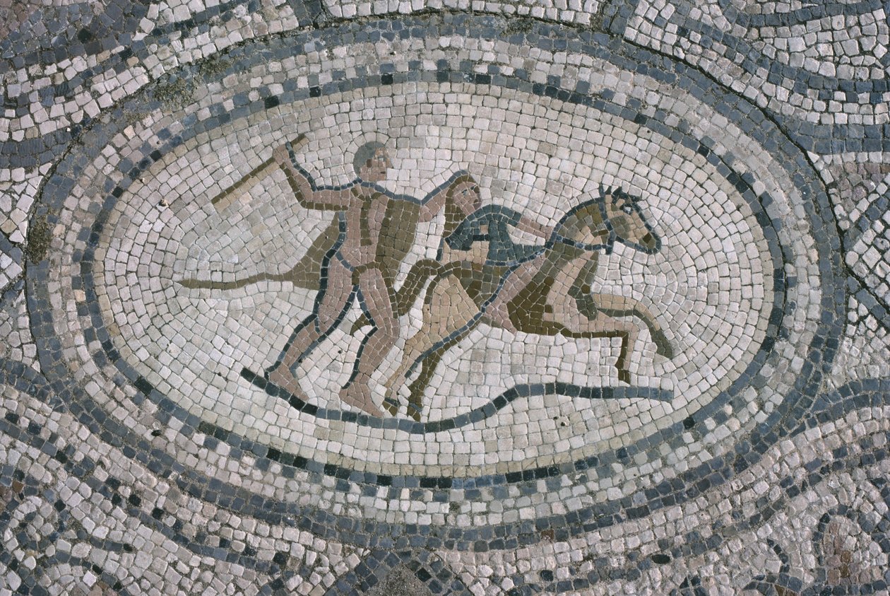 Herkules a královna Amazonek, z podlahy "Herkulova domu" (mozaika) od Roman