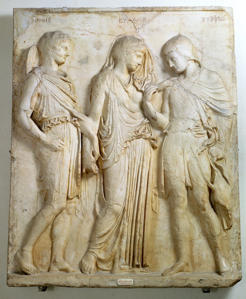 Hermes, Orfeus a Eurydika, reliéf, římská kopie řeckého originálu z 5. století př. n. l. (mramor) od Roman