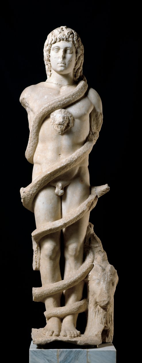 Mithraický kult: reprezentace božského Mithry s Chronosem (cronos), valícím se hadem, symbolem času. Mramorová socha z 2. století našeho letopočtu. Ztlumit. 167 cm Merida, Museo Nacional de Arte Romano od Roman