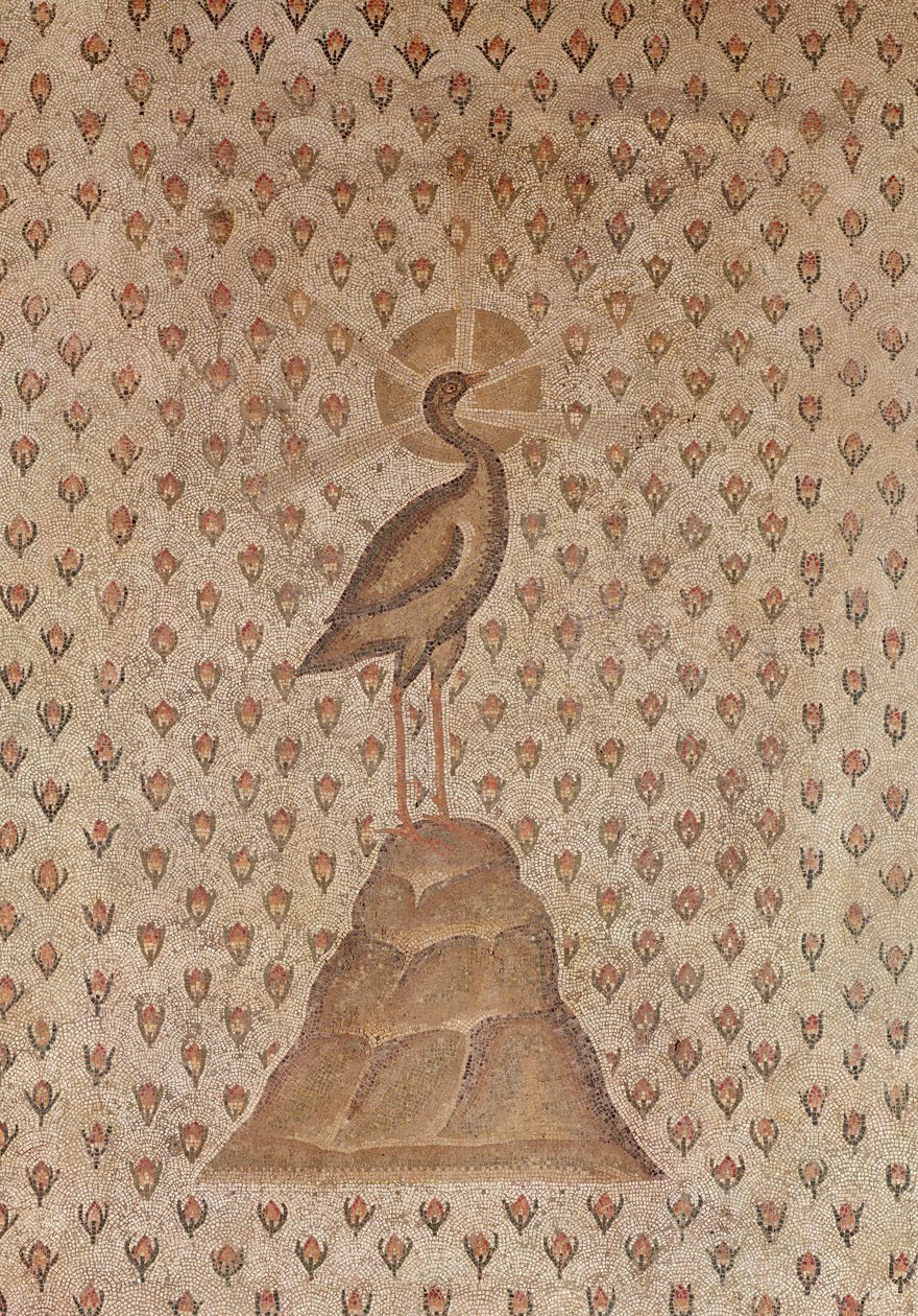Mozaiková dlažba, detail centrálního motivu znázorňujícího Fénixe na lůžku z poupat růží, z nádvoří vily v Daphne, Antioch, Řím, konec 5. století př. n. l. detail mramorové a vápencové mozaiky z 1. od Roman