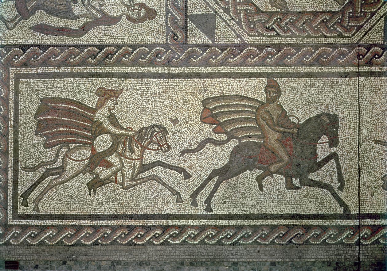 Mozaiková dlažba z římské vily v Low Ham, ilustrující příběh Dido a Aenea z Virgils Aeneid, kolem roku 350 n. l. detail mozaiky z roku 5959 od Roman