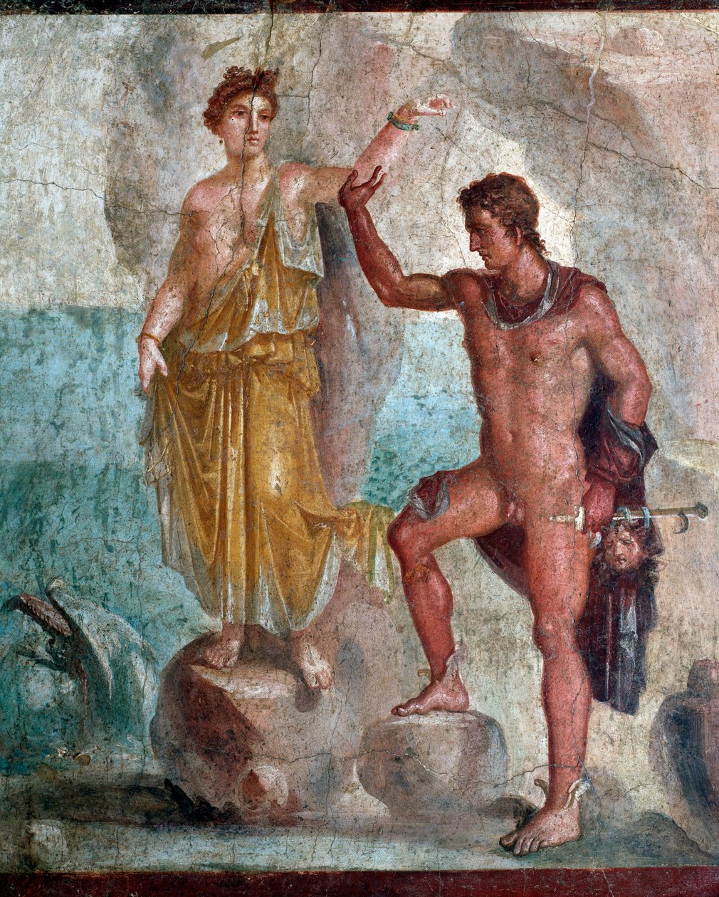 Perseus drží hlavu Medúzy, pečuje o Andromedu - fresku od Roman