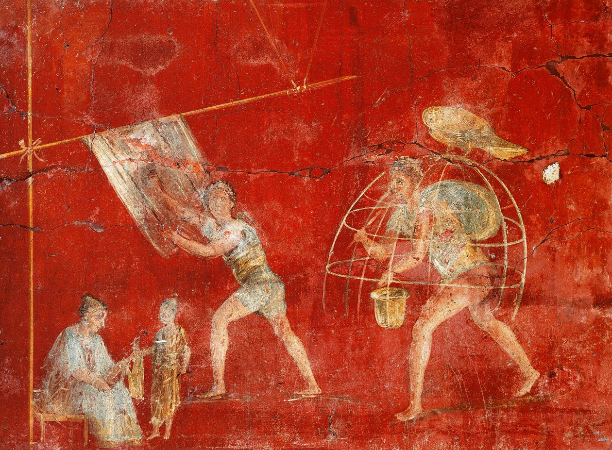 Sloupová freska zobrazující výrobu vlny z Pompejí, Fullonica z Veranio Ipseo od Roman