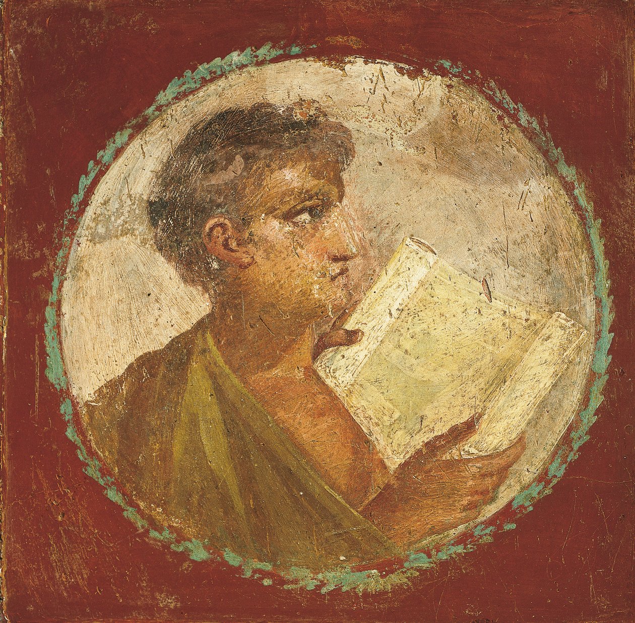 Portrét mladého muže držícího papyrusový svitek, 55-79 nl (freska) od Roman