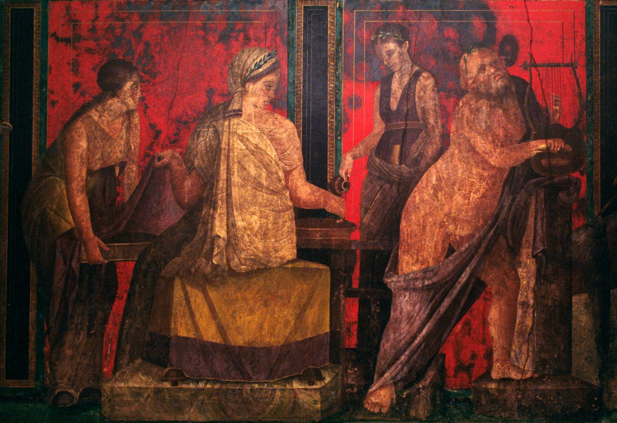 Kněžka a silenus hrající na lyru, scéna z Zasvěcení do dionýských mystérií, Triklinium vily mystérií, Pompeje (Seznam světového dědictví UNESCO od Roman