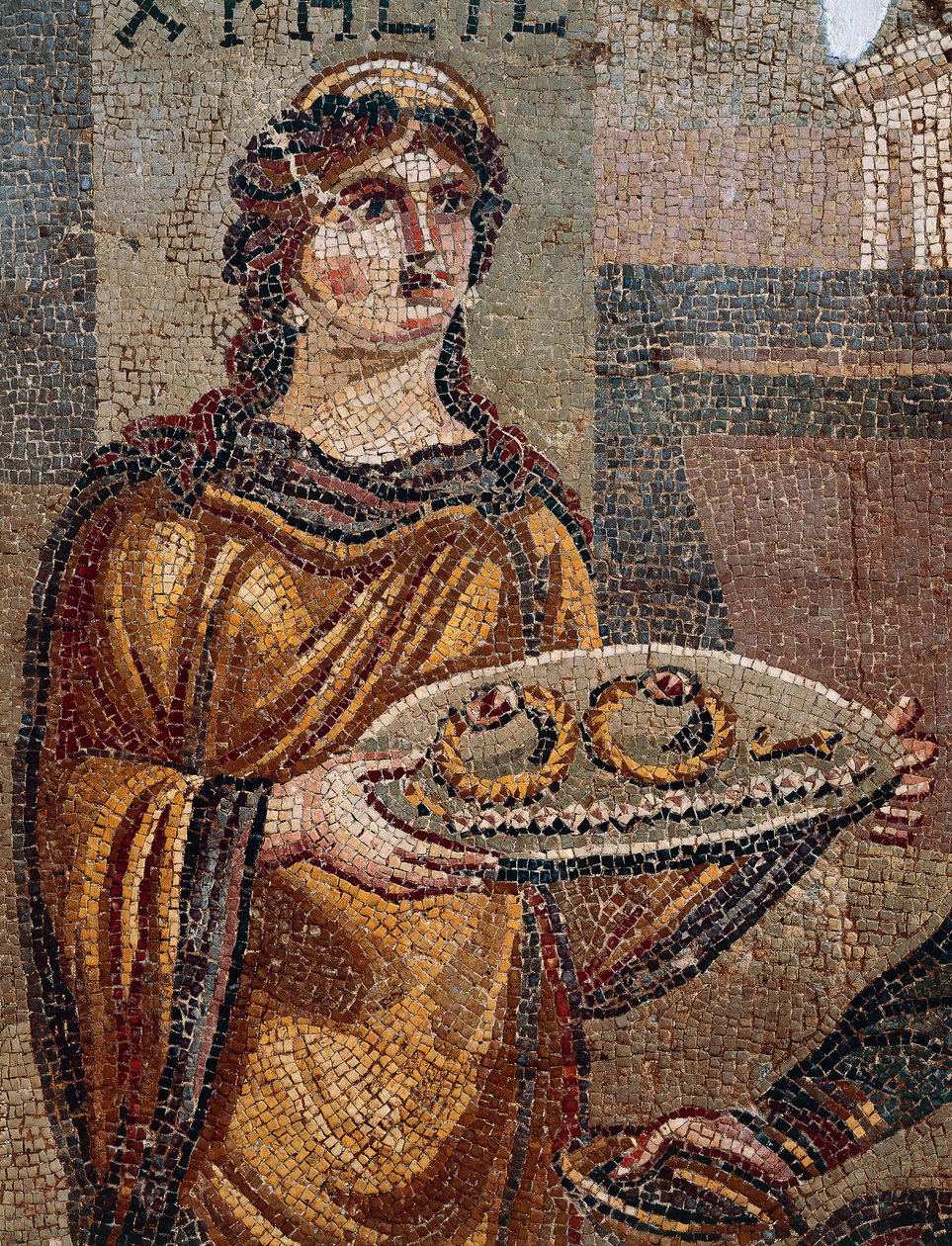 Vězeň Chresis dává klíče svého výkupného svému vězniteli Agamemnonovi, Detail z Mosaic of Chresis odkrytý v Daphne, Antioch, Turecko od Roman