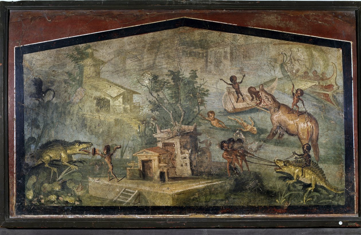"Pygmejové loví krokodýly a slony" z Pompejí od Roman