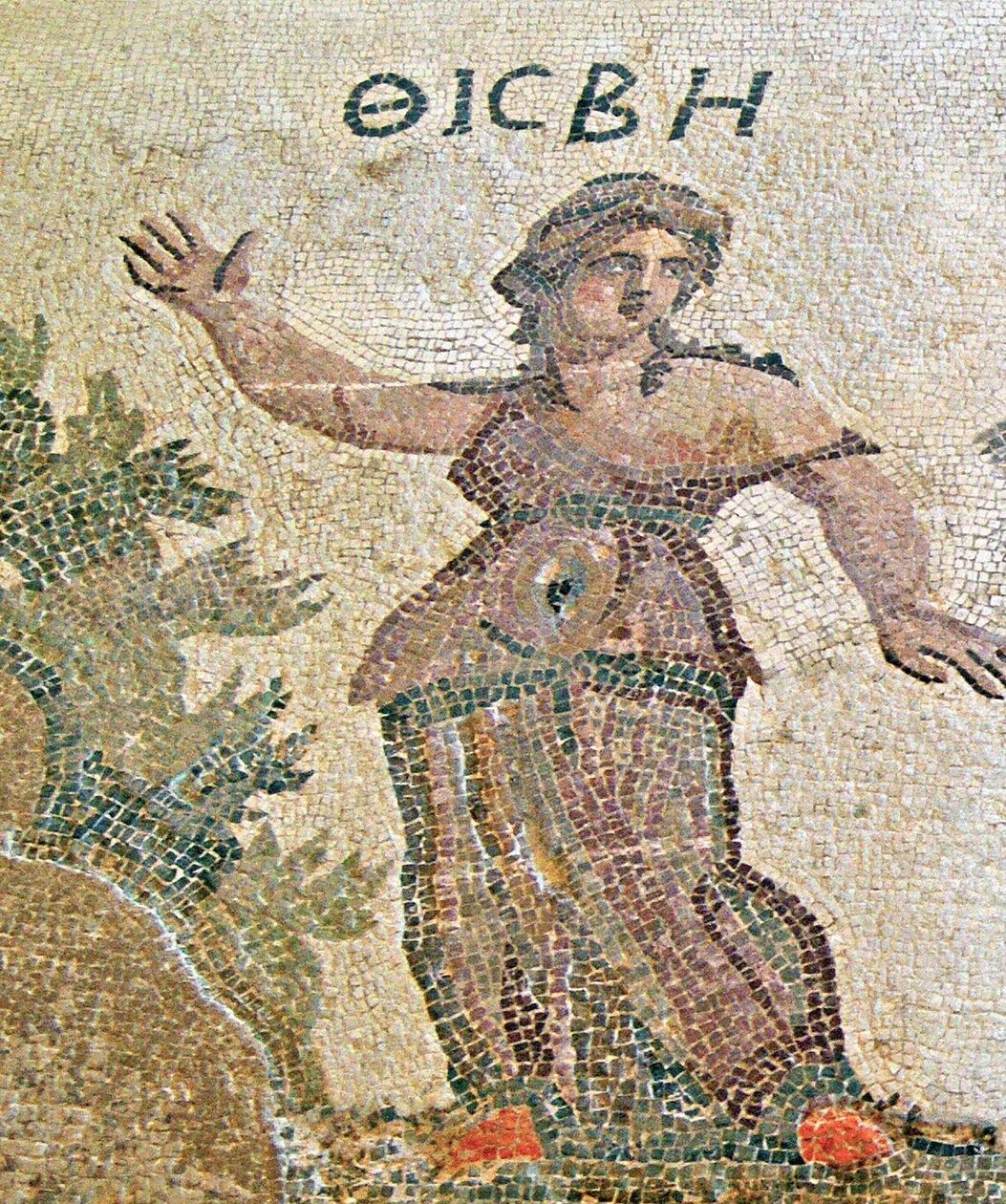 Pyramus a Thisbe, detail Thisbe, Dionysův dům, Paphos, Kyperská mozaika od Roman
