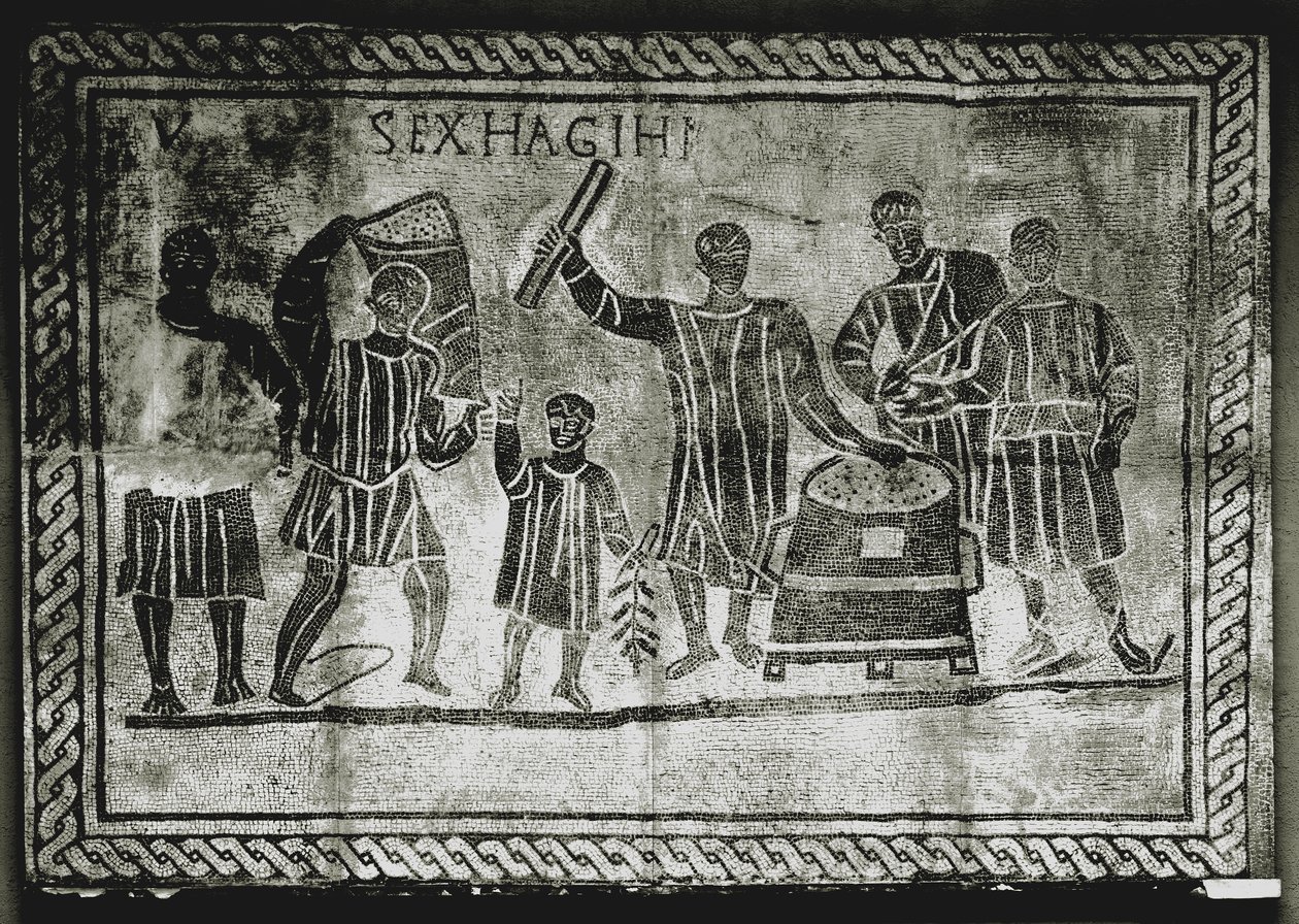 ŘÍMSKÉ UMĚNÍ: Měření zrna (kukuřice). Dávka obilí, kterou Gaius Gracchus ..., 2. století n. l. (mozaika) od Roman