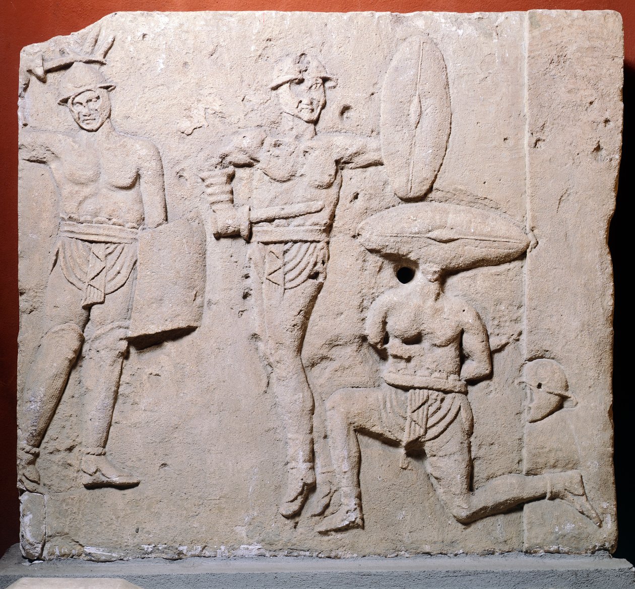 Reliéf zobrazující gladiátorskou scénu z oblasti Due Madonne, Bologna, římská civilizace od Roman