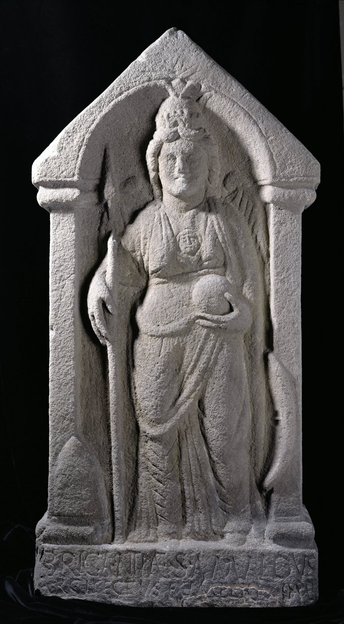 Reliéfní socha zobrazující Brigantia, bohyni domorodých obyvatel severní Británie, jako římskou bohyni, z Birrens, Middlebie, Dumfriesshire (kámen) od Roman