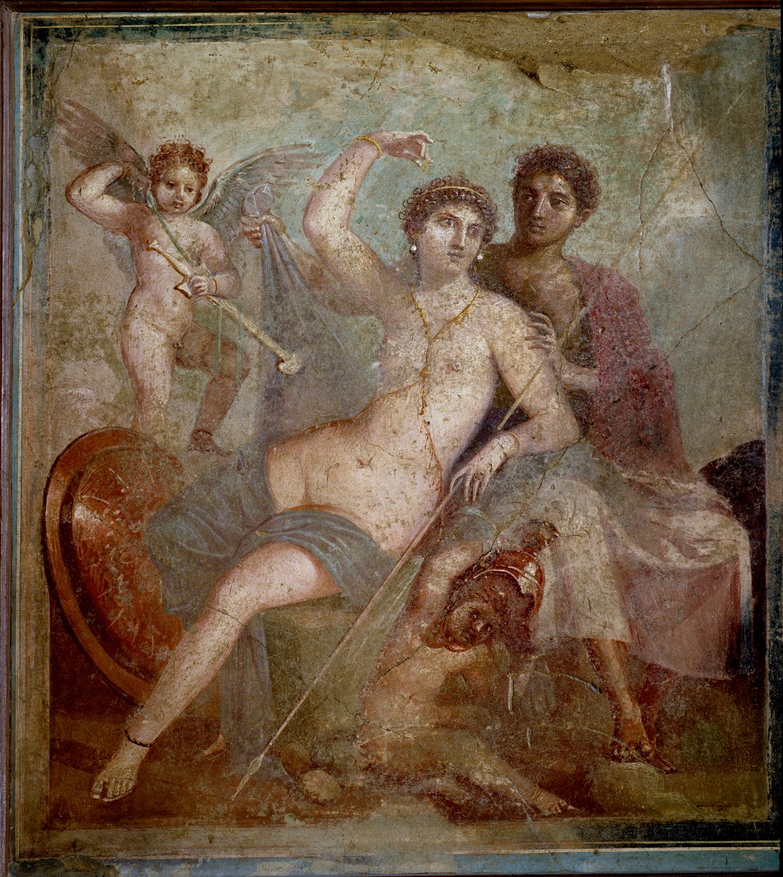 Představení Arese a Afrodity, doprovázené láskami ke hře se zbraněmi boha. Freska z vily de Mars a Venuše v Pompejích. 1. století našeho letopočtu. Archeologické muzeum Neapol - římské umění: Ares, Afrodita a Eros. Afrodita (Venuše) recl od Roman