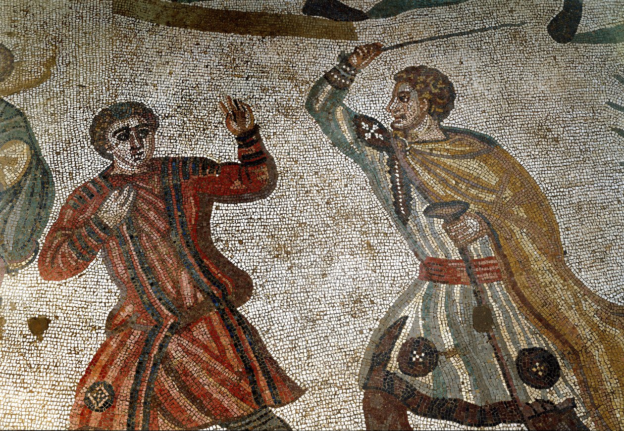 Římské umění: Detail mozaiky „Velký hon““ Římský aristokrat trestá jednoho ze svých otroků holí. 315-350 našeho letopočtu. Piazza Armerina, Villa Romana del Casale od Roman
