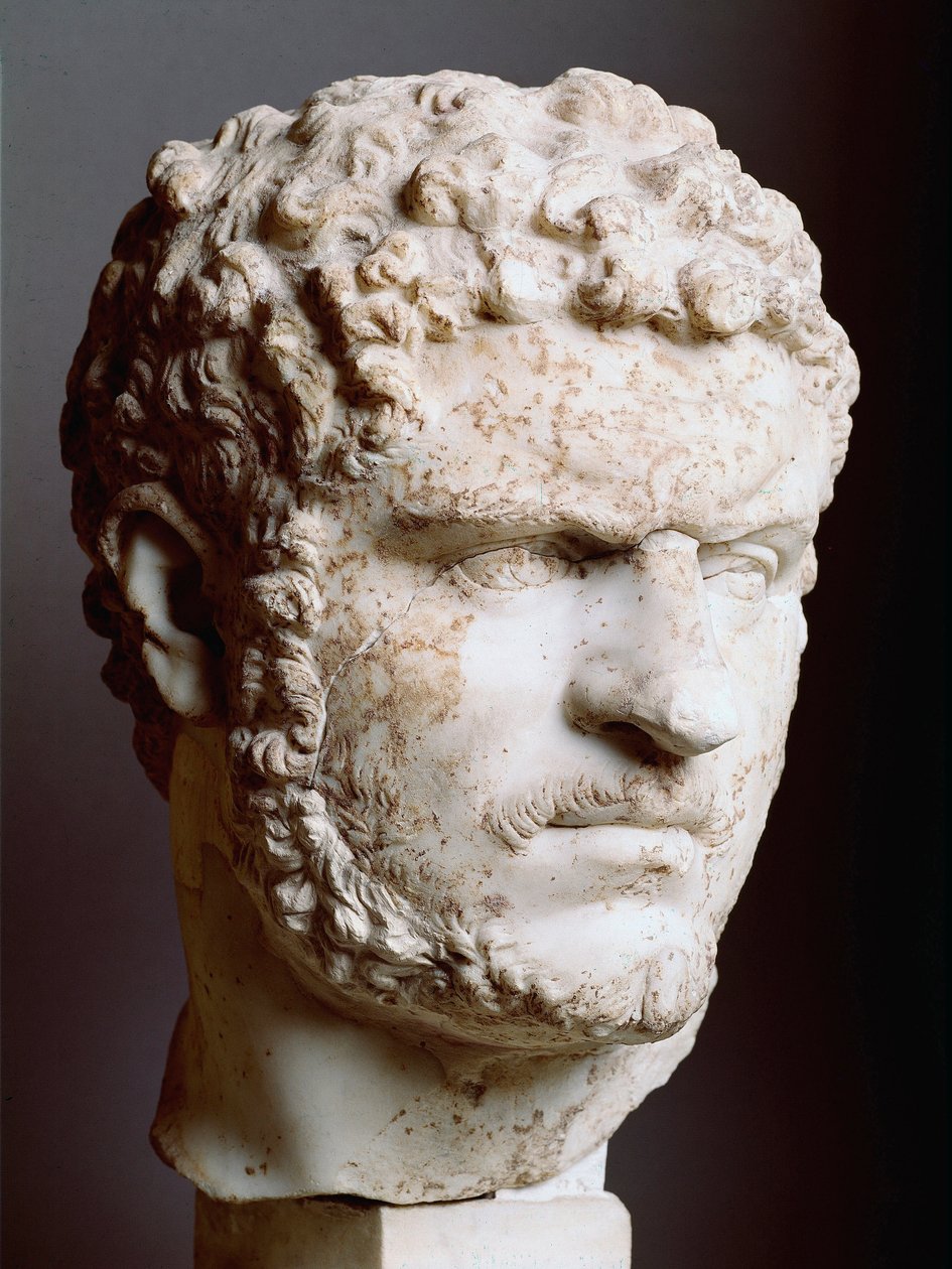 Římské umění: “” Mramorová hlava Caracally (188–217), císař v letech 211 až 217 n. l., 211–217 n. l., rozm. 28 cm - Řím, Palazzo dei Conservatori, Itálie - Hlava Caracally (188-217) - Mramorová socha od Roman