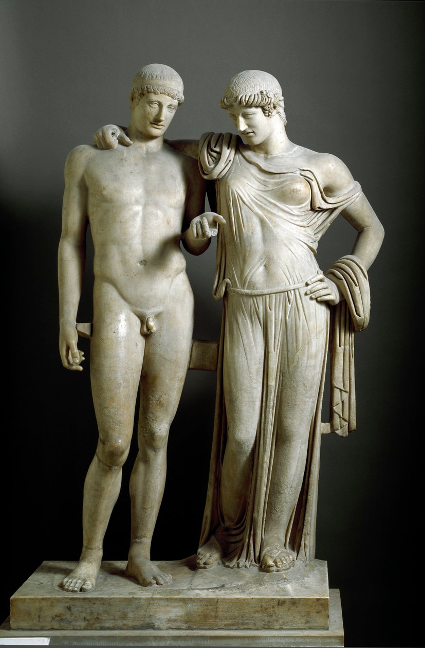 Římské umění: “” Oreste et Electre “” - Mramorová socha z Pozzuoli (Pozzuoli) 1. století n. l., Rozměr 160 cm - Národní archeologické muzeum, Neapol - Římská civilizace: Electra a Orestes - Mramorová socha (V. 160 cm) od Roman