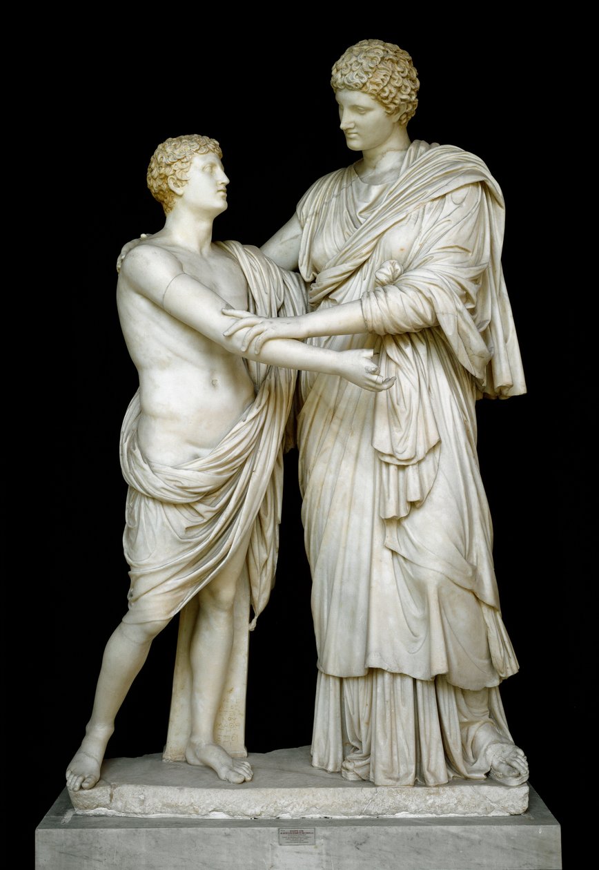 Římské umění: „Oreste et Electre“““ Mramorová socha z 1. století našeho letopočtu. Z kolekce Ludovisi, Dim. 192 cm - Řím, Museo Nazionale Romano (o delle Terme) Itálie - Orestes a Electra - Mramorová socha (V. 210 cm), Doba římského císařství (27 př. Kr.-4 od Roman