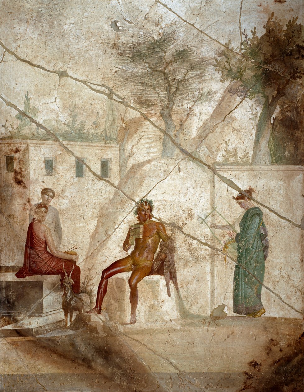 Římské umění: “Pan hudebník s nymfami” “Fresco připisované mistru Chiarovi. 1. století. Z Pompejí. Neapol, Národní archeologické muzeum od Roman