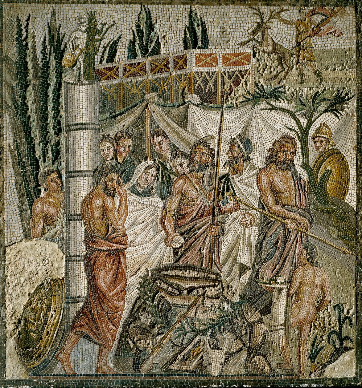 Římské umění: „Oběť Ifigenie“ Král Agamemnon obětuje svou dceru, aby utišil hněv Artemidy (Diany). Mozaika 1. století před naším letopočtem. Museo di Ampurias (Empurias), Španělsko od Roman