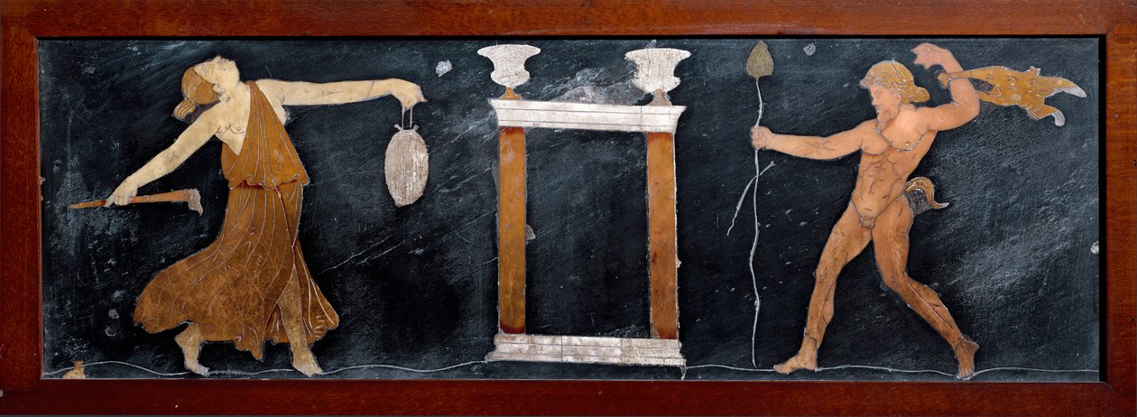 Římské umění: „“ Tanec menády a satyry u malého chrámu“““ Intarzie z Pompejí. Ztlumit. 23x67 cm Museo Archeologico Nazionale, Neapol od Roman