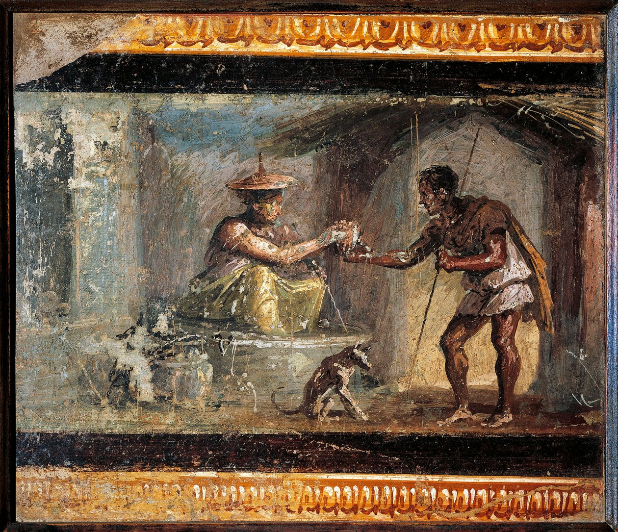 Římské umění: “”Cestovatel a kouzelník”” Římská freska z vily dei Dioscuri v Pompejích. 1. století našeho letopočtu. Zachovat v Národním archeologickém muzeu v Neapoli. - Římské umění: Cestovatel a kouzelník. Žena nabízející nápoj cestovateli v od Roman