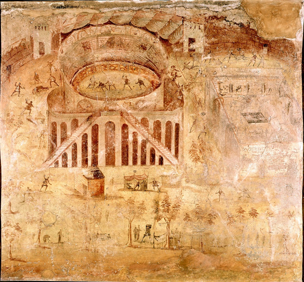 Římské umění: „“ Násilný boj mezi obyvateli Nocera a Pompejci v amfiteátru Pompeje v roce 59 nl““ Detail fresky. 1. století našeho letopočtu. Z webu Pompeje. Neapol, Museo Archeologico Nazionale od Roman