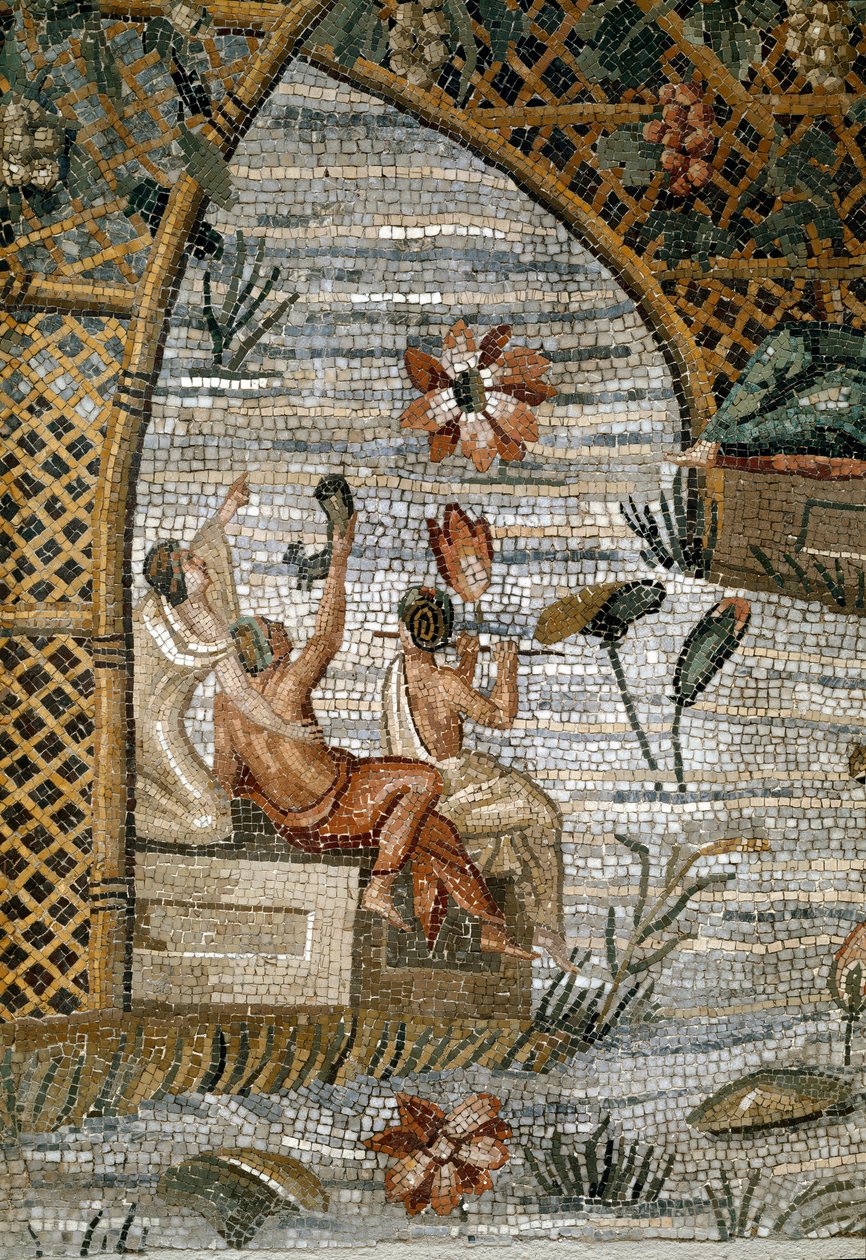Římské umění: detail nilotské mozaiky (Nil) z Preneste (Palestrina) ze svatyně božství Fortune Primigenia. 80 před naším letopočtem. Ztlumit. 615x506 cm Palazzo Barberini Palestrina, Itálie od Roman