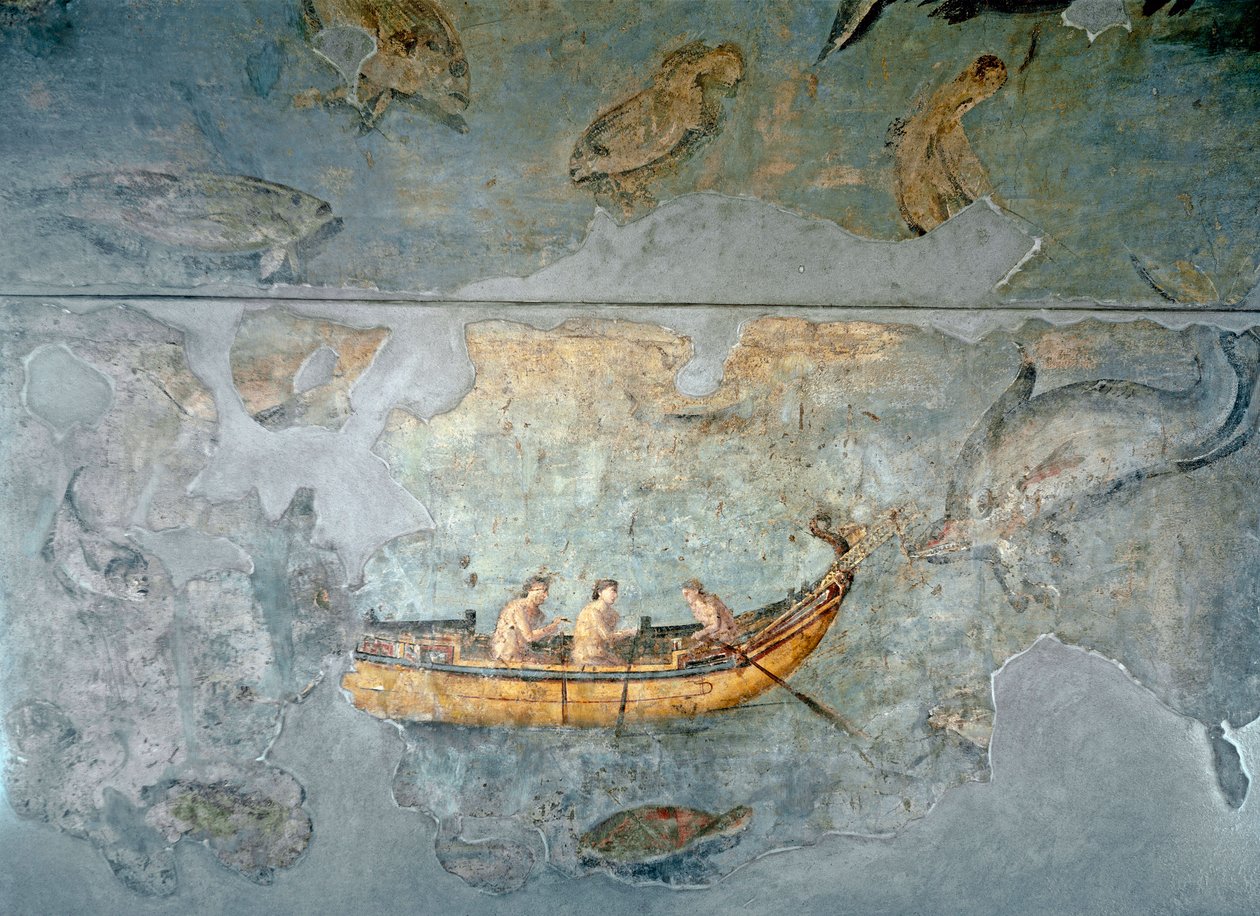 Římské umění: ""rybáři na lodi""" Freska z domu poblíž říčního přístavu v Římě. 131 našeho letopočtu. Řím, Museo Nazionale Romano (o delle Terme) od Roman