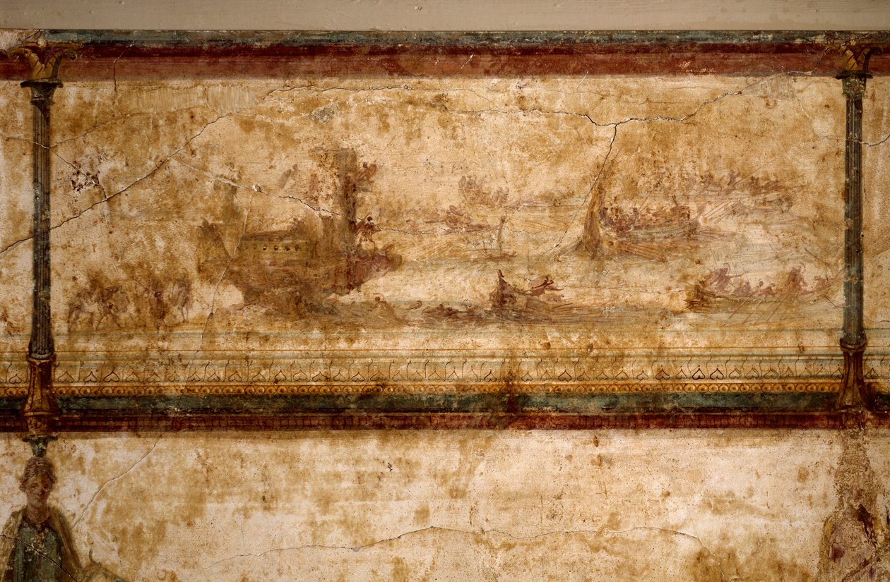 Římské umění: „“ námořní scéna s biremy a triérami „“ ”Freska kolem 25-19 př. Kr. Velikost 73 cm Řím, Národní římské muzeum (nebo Terme) od Roman