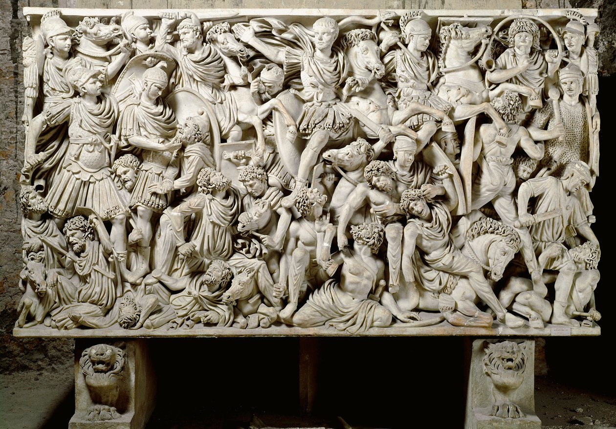 Římské umění: sarkofág Ludovisi s bitevní scénou proti Římanům a barbarům - 3. století n. l., Dim. 153x273 cm - Řím, Museo Nazionale Romano - Ostiliano, syn císaře Decia (201-51 n. l.) obklopený kavalérií, z bitvy mezi Římany a od Roman