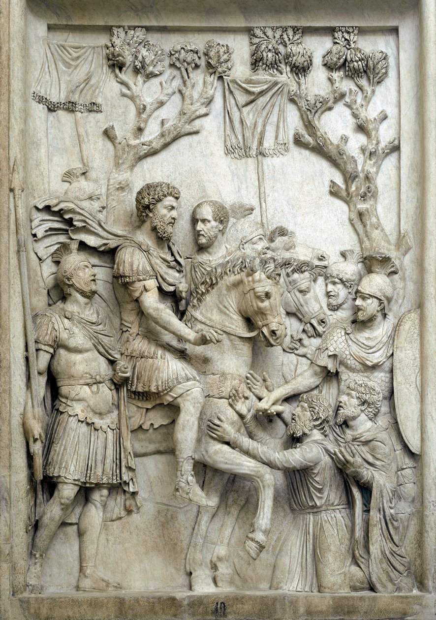Římský císař Marcus Aurelius omilostňuje poražené nepřátele, cca 176-180 (Mramorový reliéf) od Roman